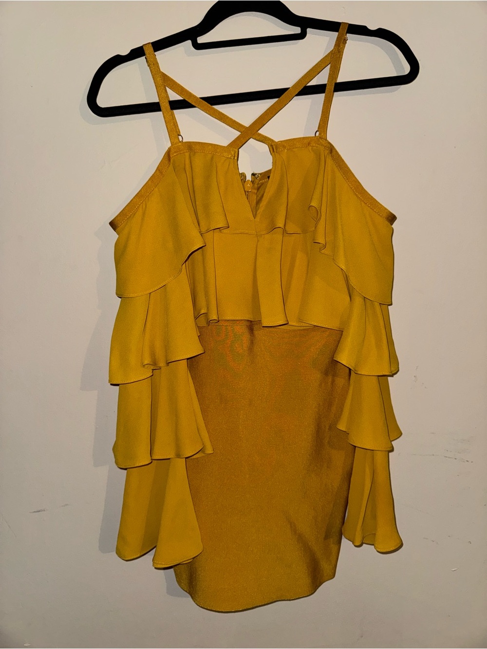 AKIRA Mustard Yellow Ruffle Tiered Spaghetti Strap Camisole